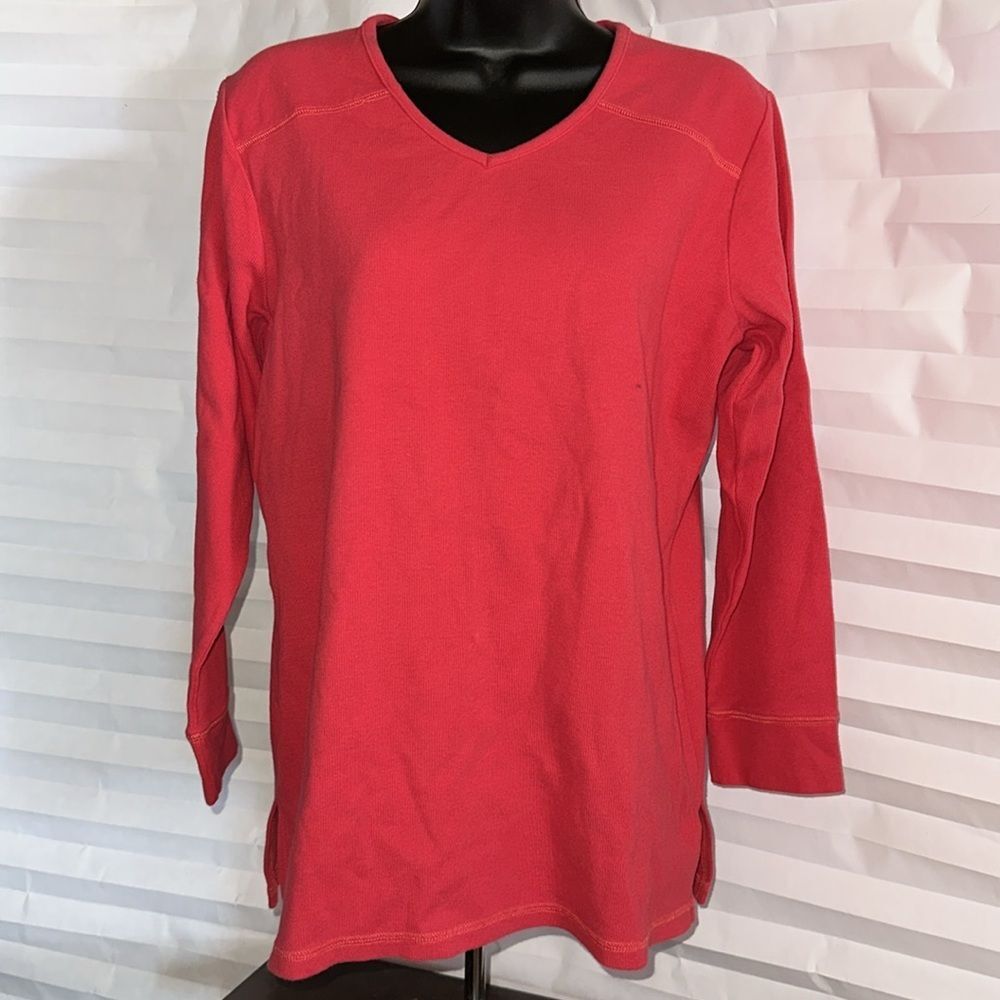 Denim & Co. Medium Red Ribbed V-Neck Long Sleeve Blouse Women’s Top
